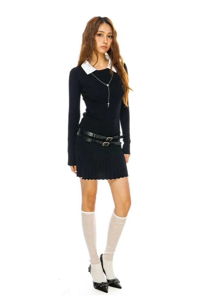 Mock Two Piece Long Sleeve Pleated Mini Dress