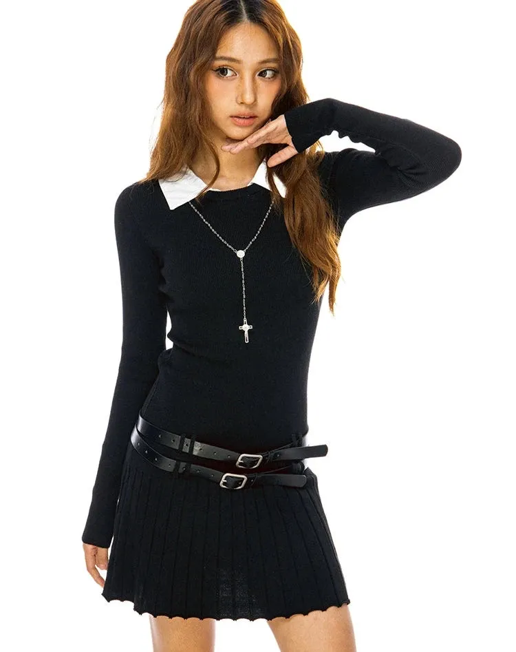 Mock Two Piece Long Sleeve Pleated Mini Dress