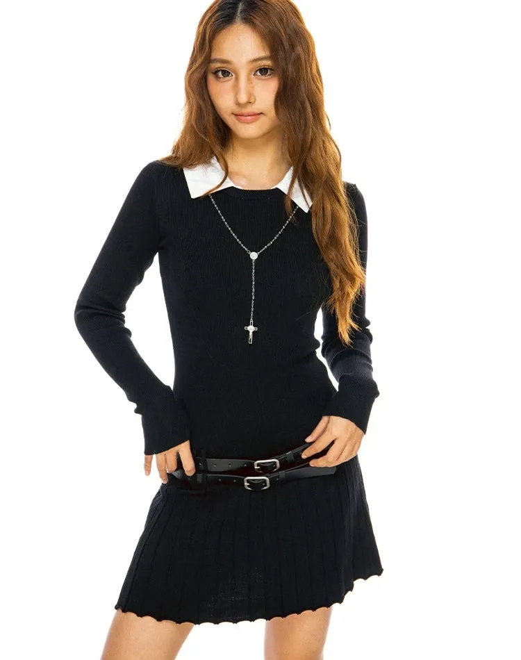 Mock Two Piece Long Sleeve Pleated Mini Dress