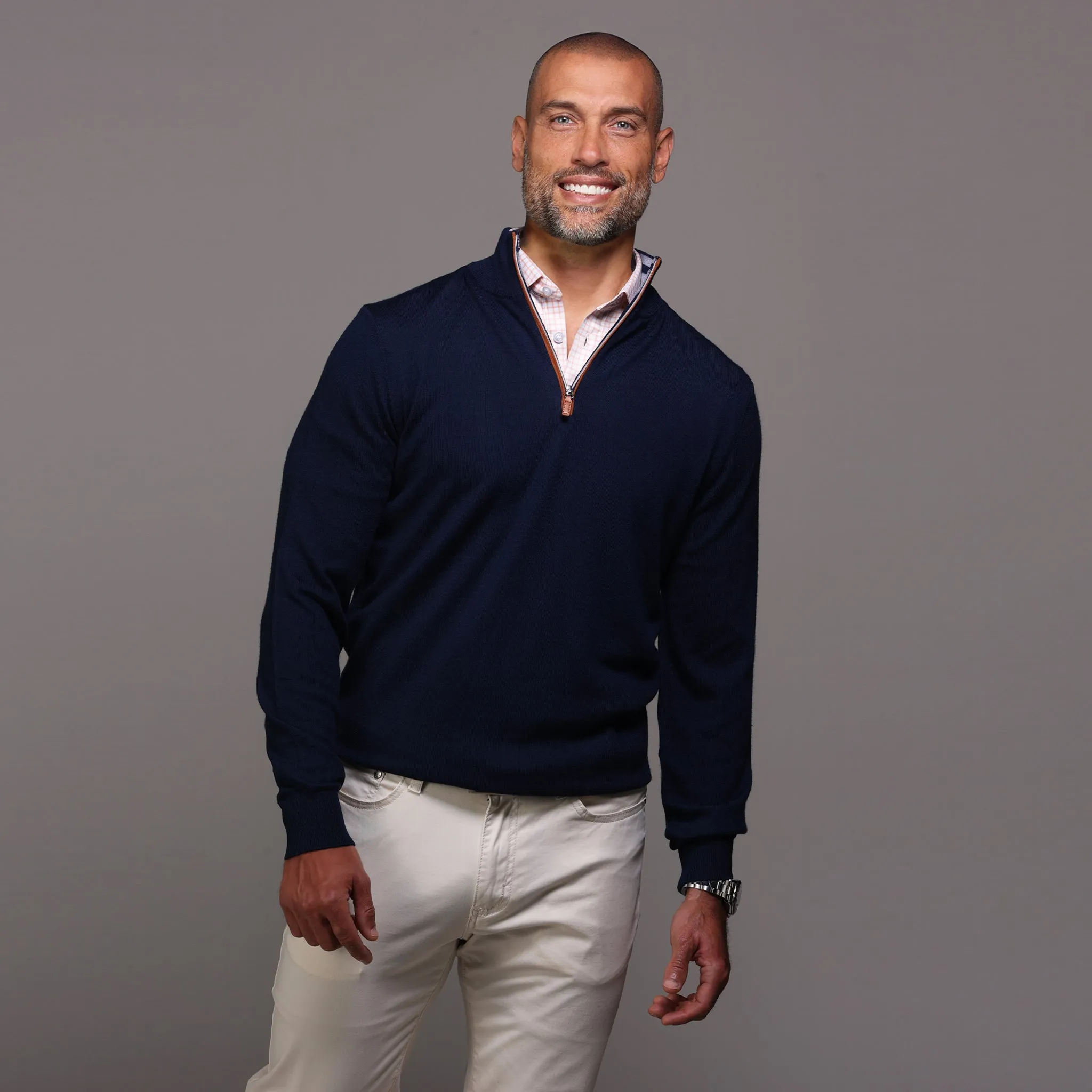 Navy with Brown Suede Trim Cashmere Touch Australian Merino Quarter Zip Sweater