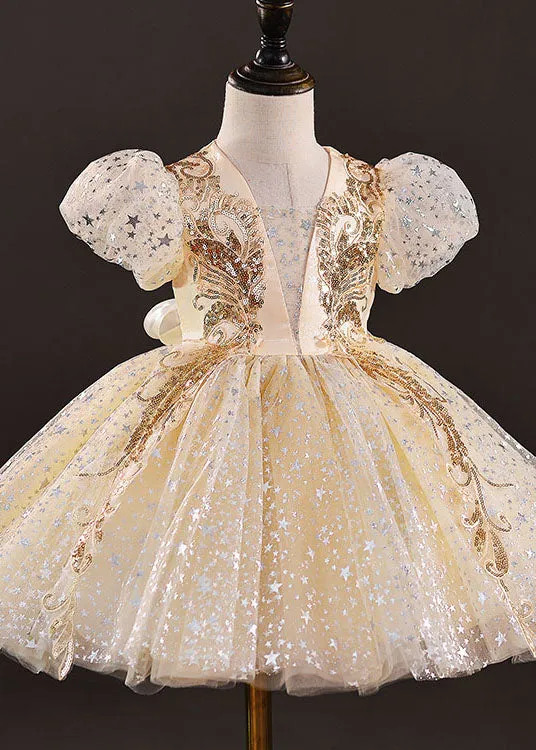 New Gold Sequins Wrinkled Bow Patchwork Tulle Kids Girls Party Dress Summer