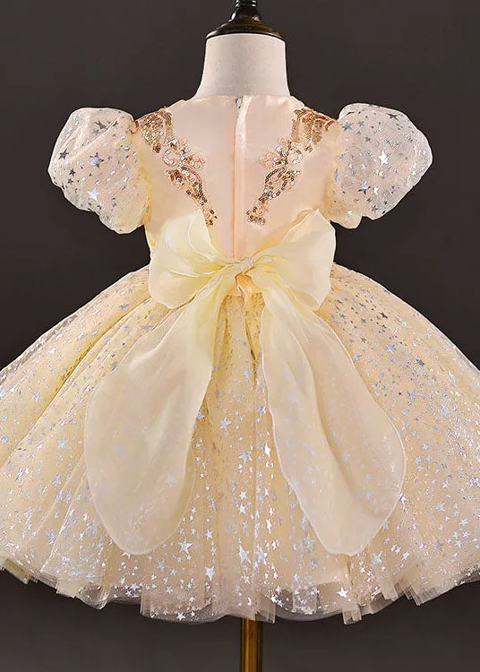 New Gold Sequins Wrinkled Bow Patchwork Tulle Kids Girls Party Dress Summer