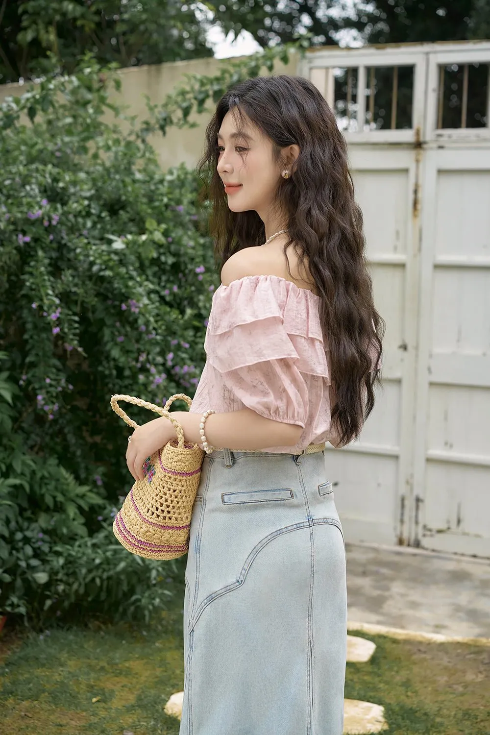 Off the Shoulder Pink Chiffon Blouse for Women