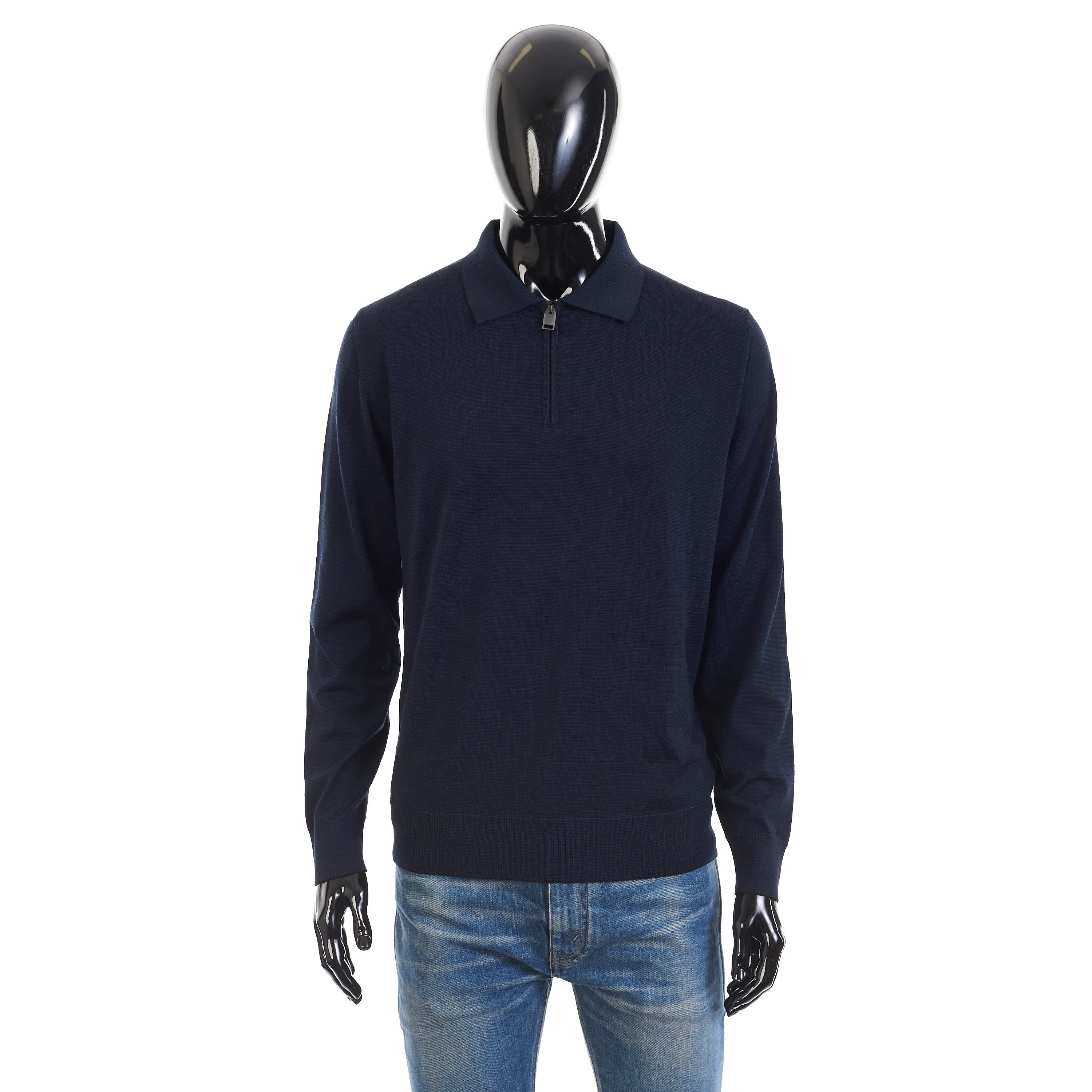 Polo Sweater With Metal Zip In Blue Wool