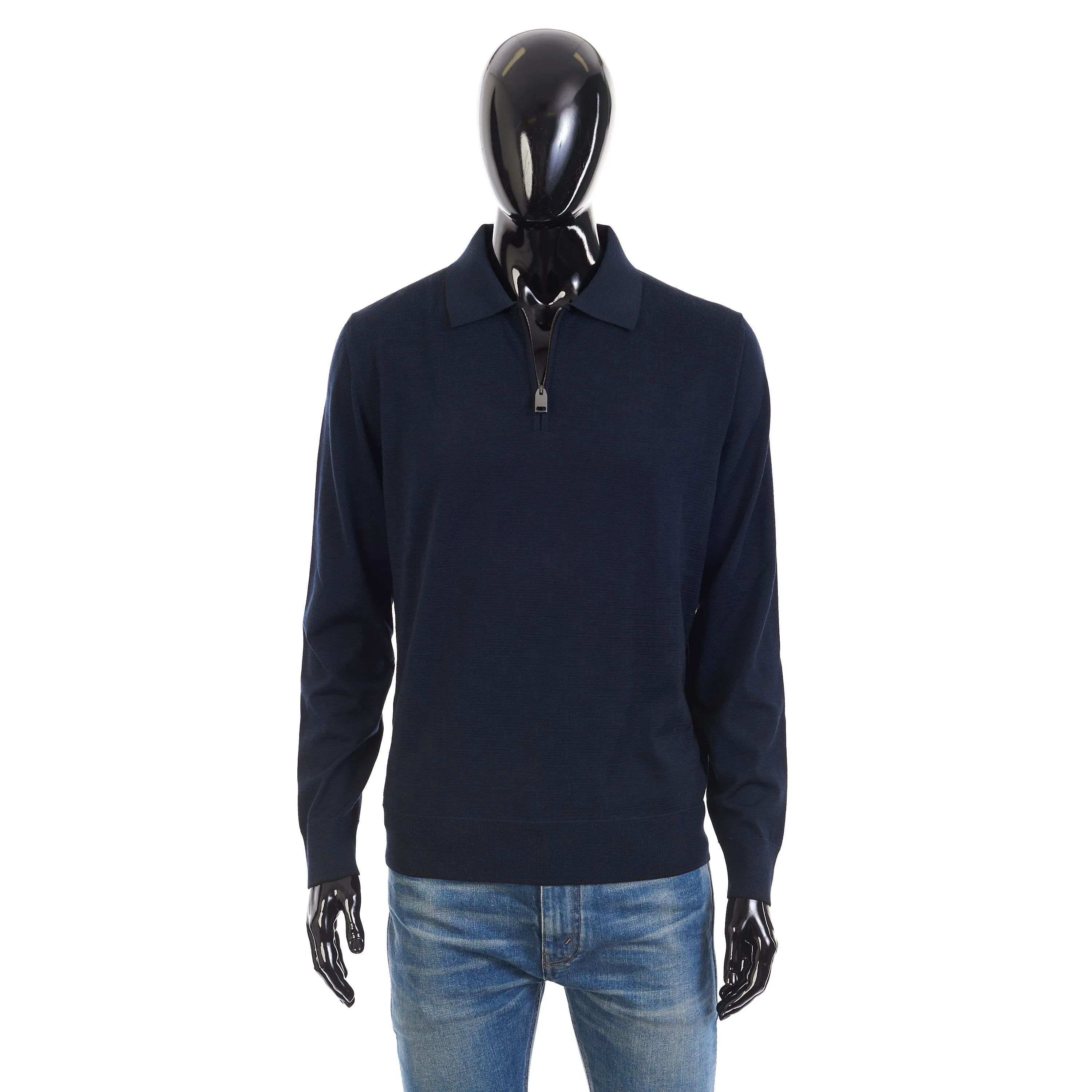 Polo Sweater With Metal Zip In Blue Wool