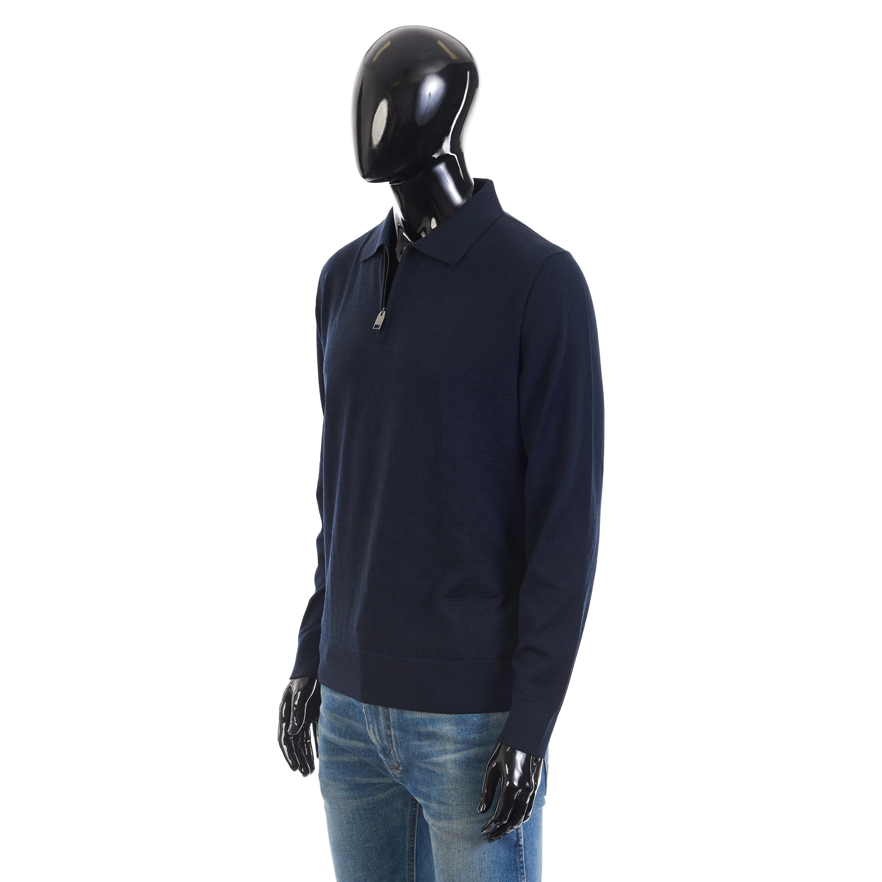 Polo Sweater With Metal Zip In Blue Wool