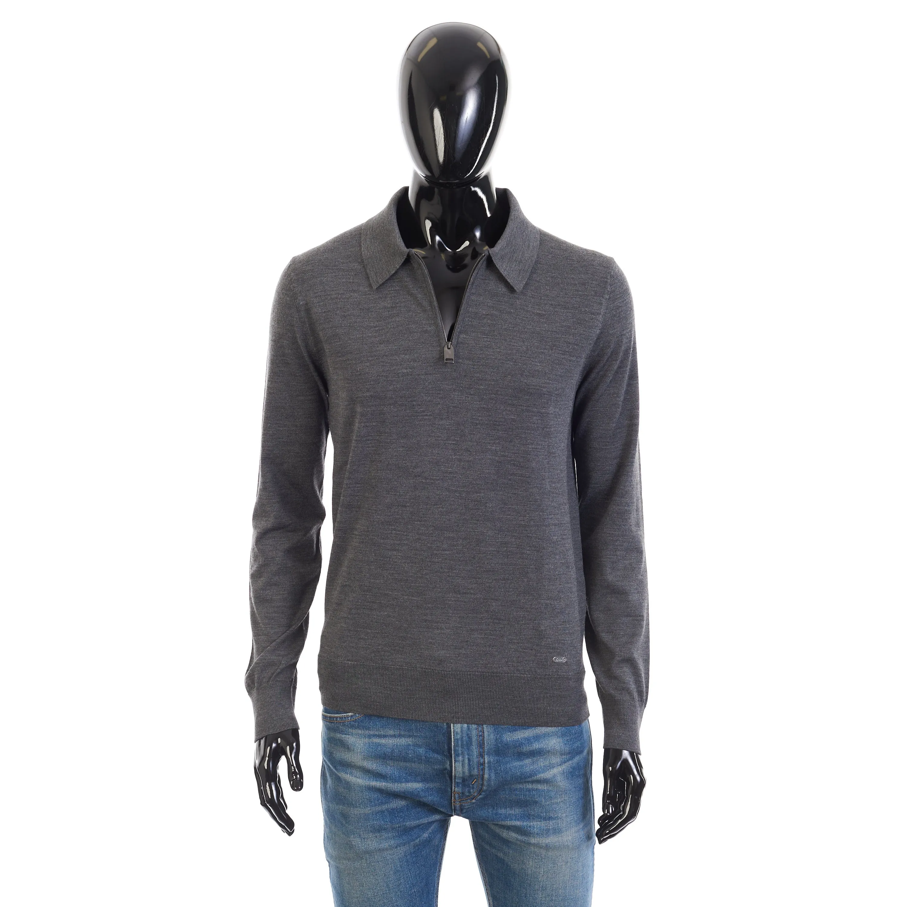 Polo Sweater With Metal Zip In Gray Wool