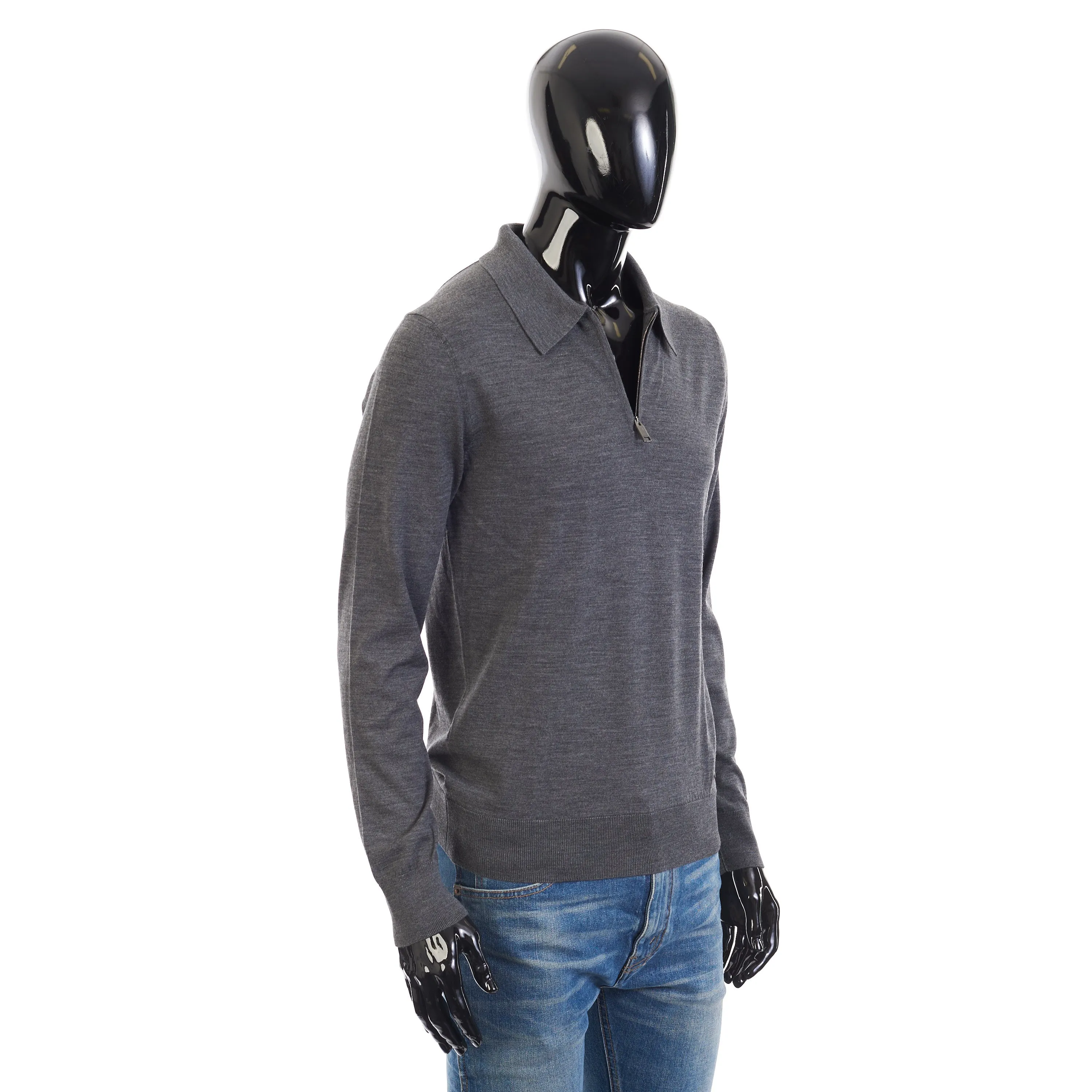 Polo Sweater With Metal Zip In Gray Wool