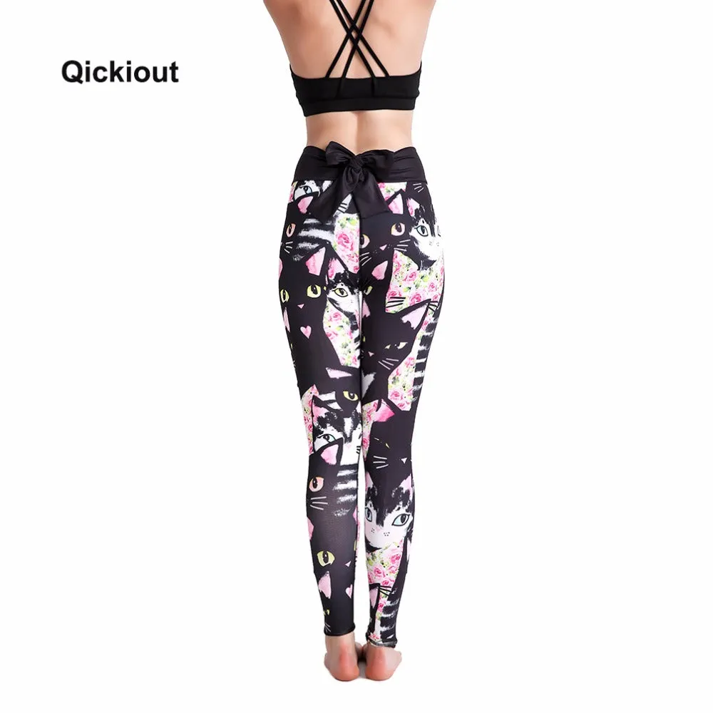 Qickitout 2018 New Bowknot Style Women's Leggings Sexy Cute High Black Waist Trousers Yo ga Pants 3D Printed Black Cat Pattern