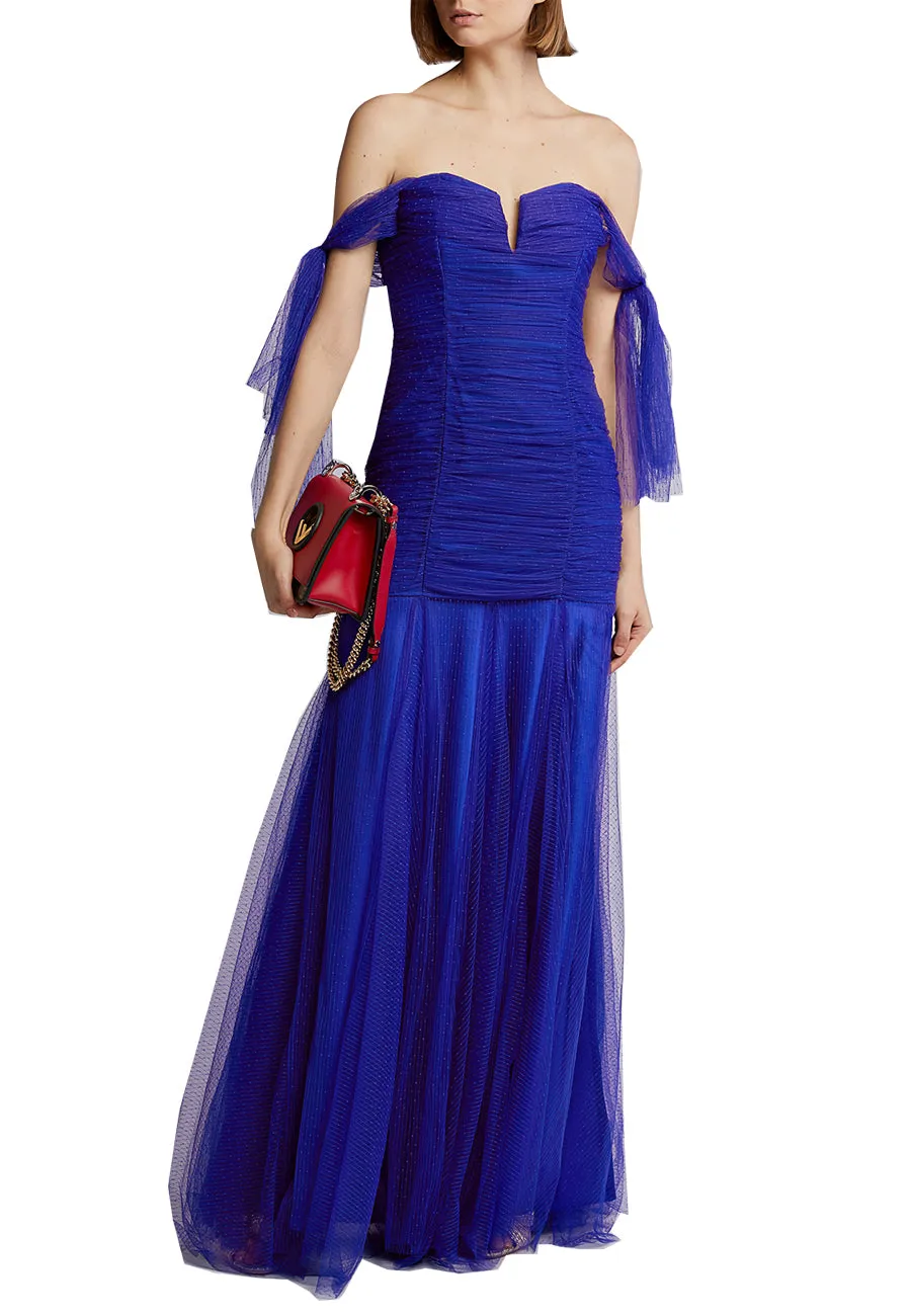 Royal Blue Good Vibes Off Shoulder Plunging Gown (UK 6)