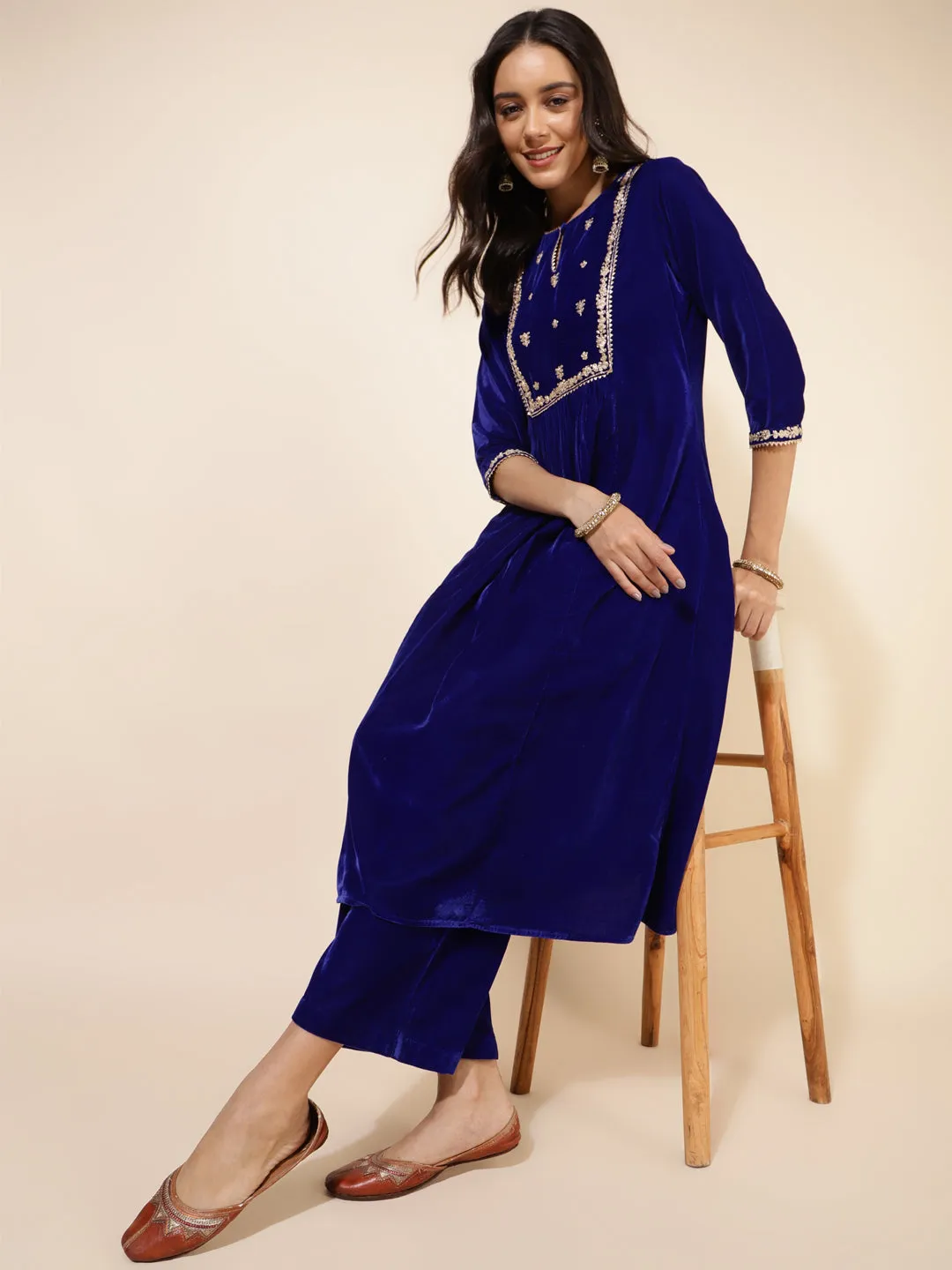 Royal Blue Velvet Embellished Kurta and Palazzo