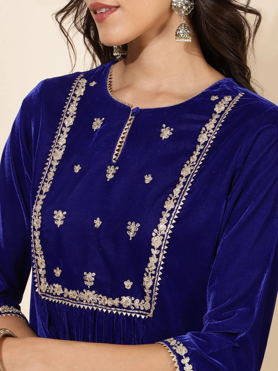 Royal Blue Velvet Embellished Kurta and Palazzo