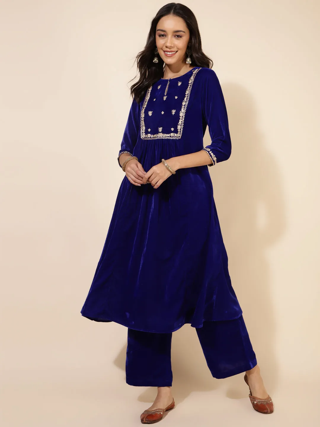 Royal Blue Velvet Embellished Kurta and Palazzo