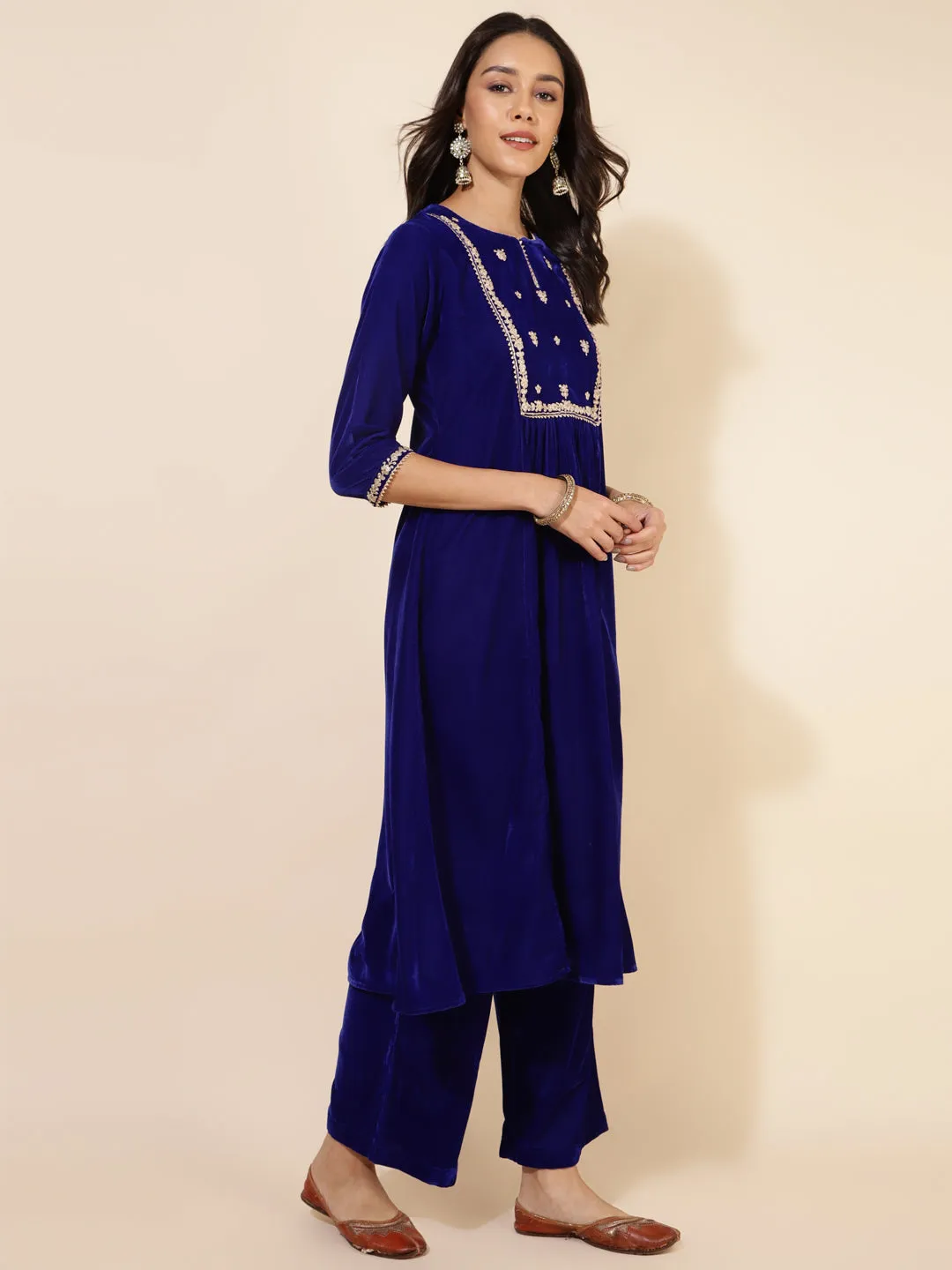 Royal Blue Velvet Embellished Kurta and Palazzo