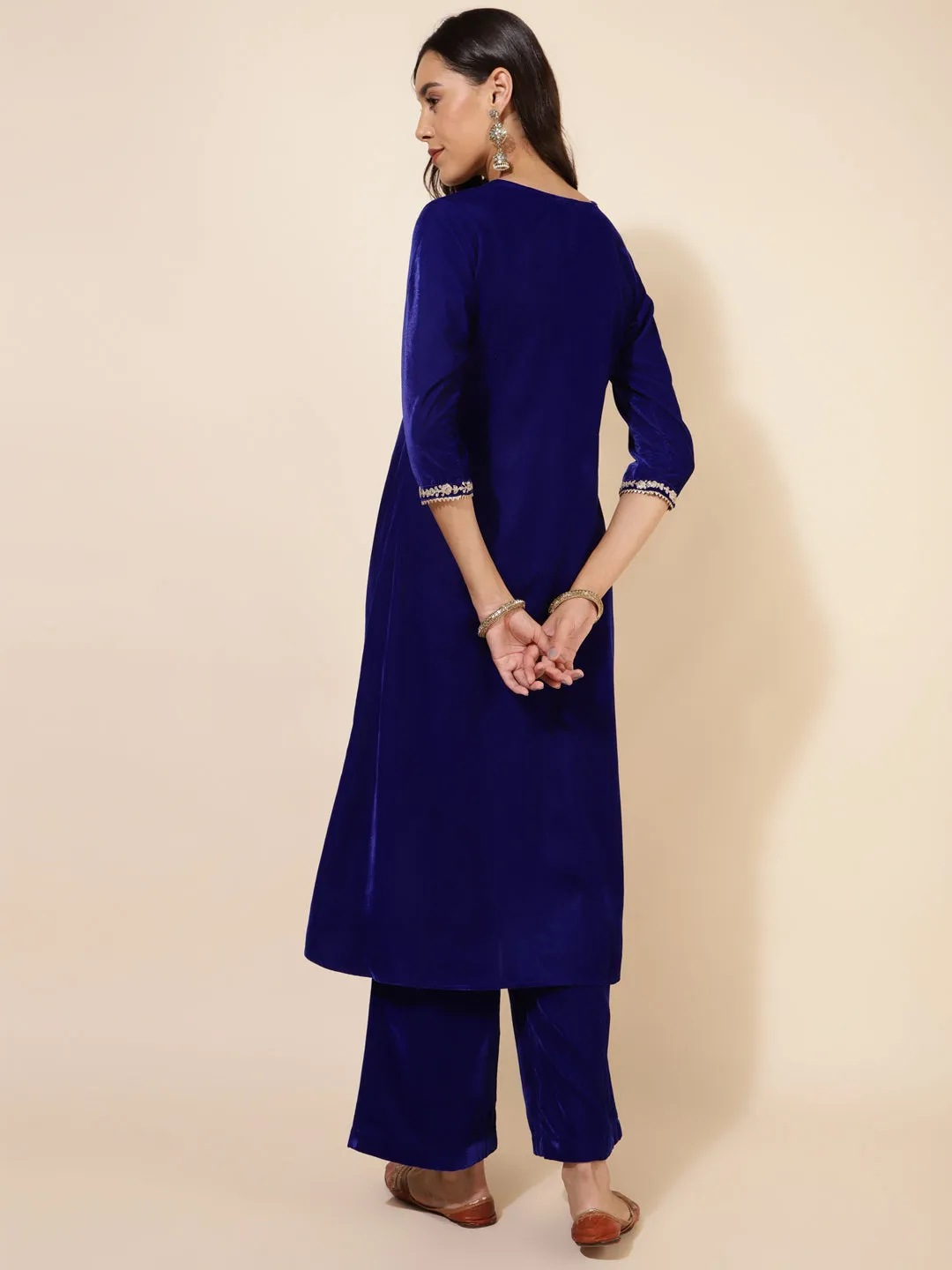 Royal Blue Velvet Embellished Kurta and Palazzo