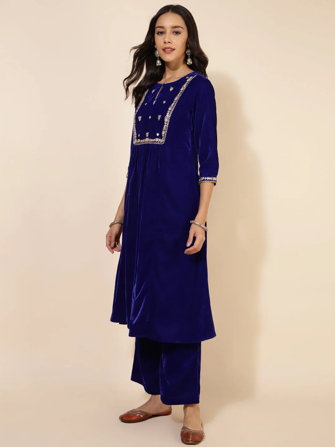 Royal Blue Velvet Embellished Kurta and Palazzo