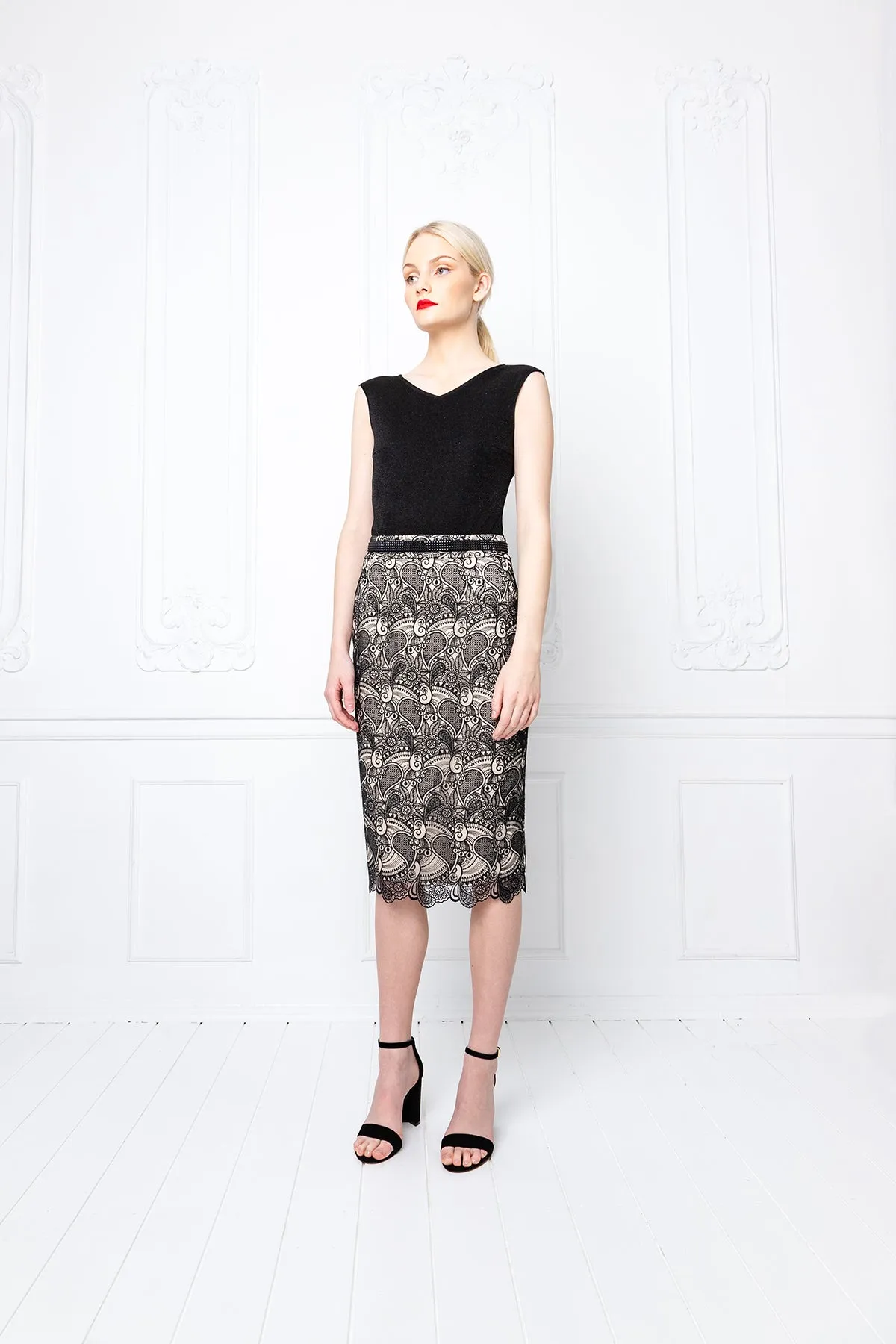 RUBIA BLACK LACE PENCIL SKIRT