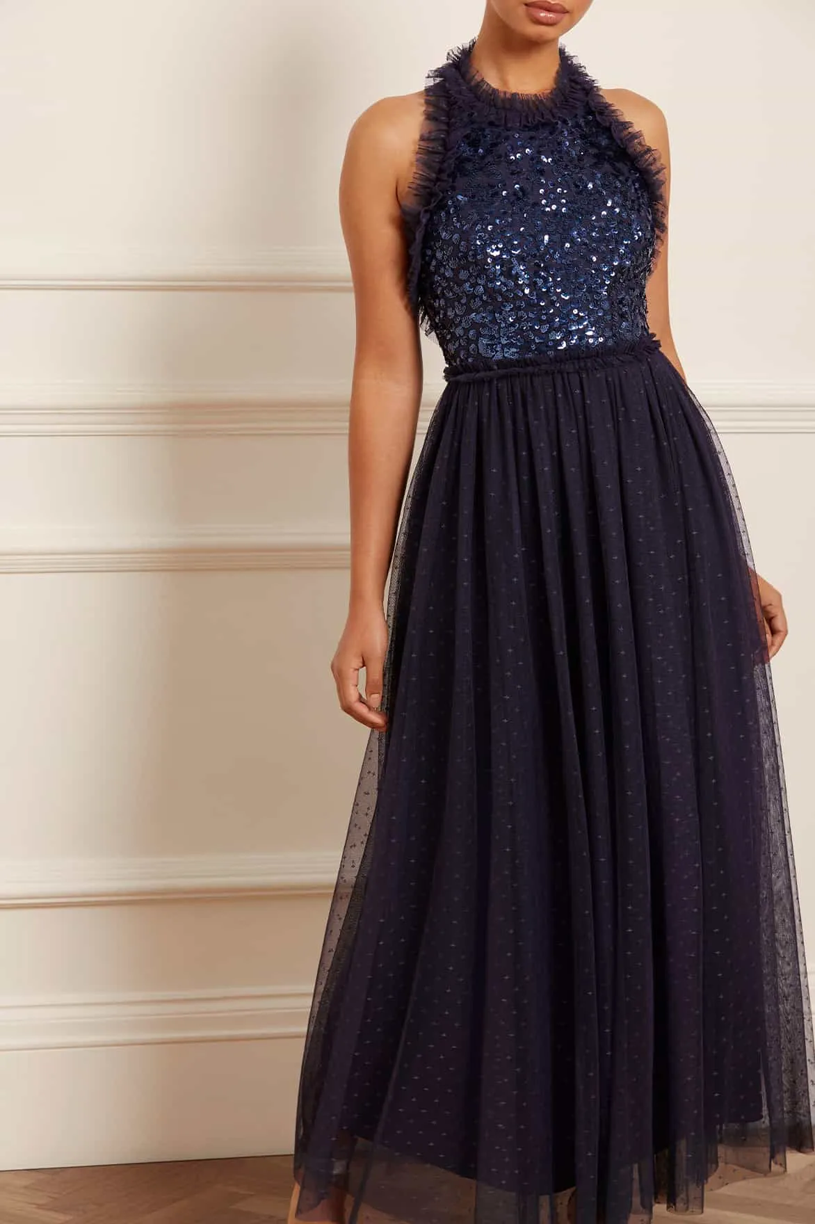 Sequin Wreath Bodice Halter Neck Ankle Gown