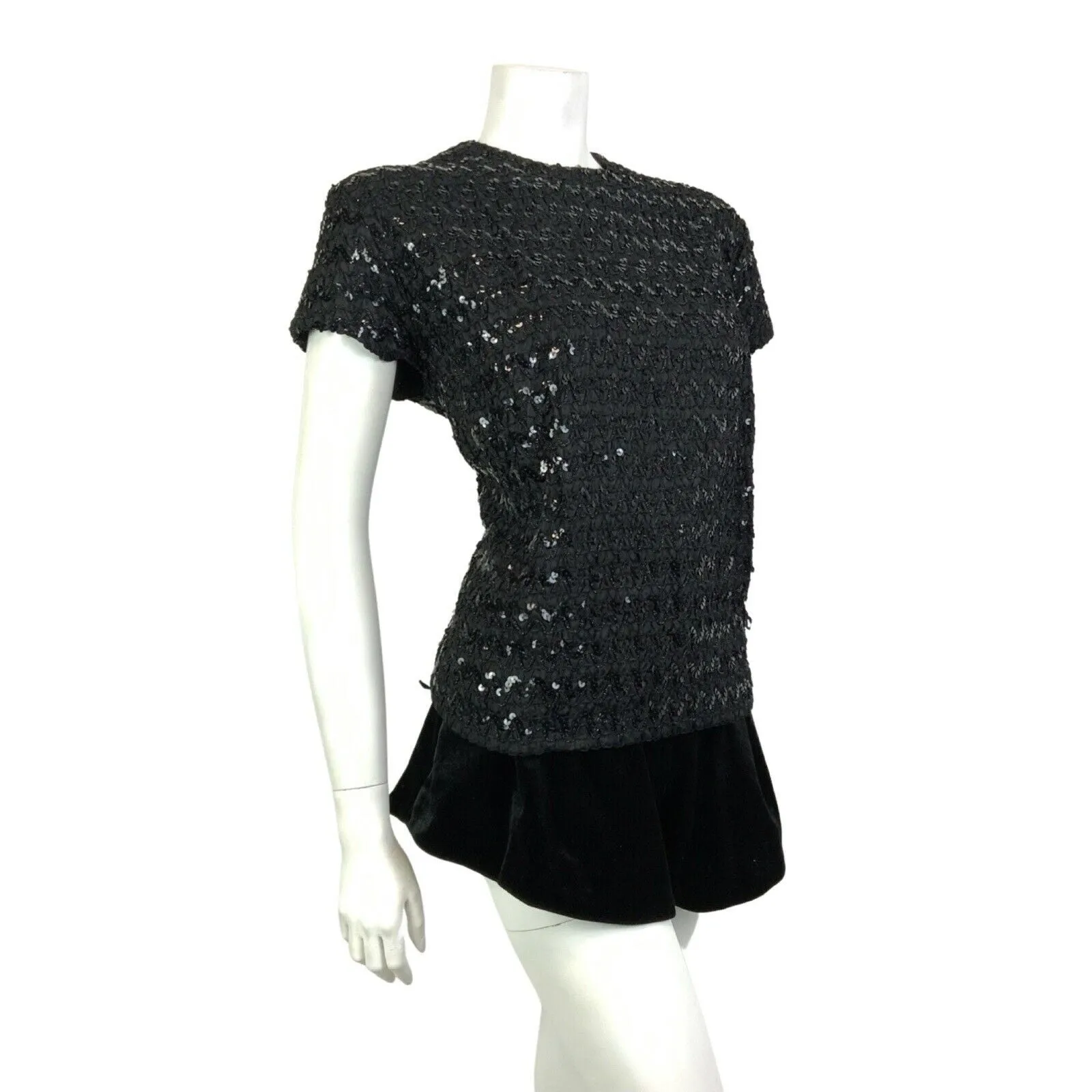 VINTAGE 60s 70s BLACK SEQUIN BRAIDED WAVY ZIG-ZAG DISCO STUDIO 54 TOP 14 16