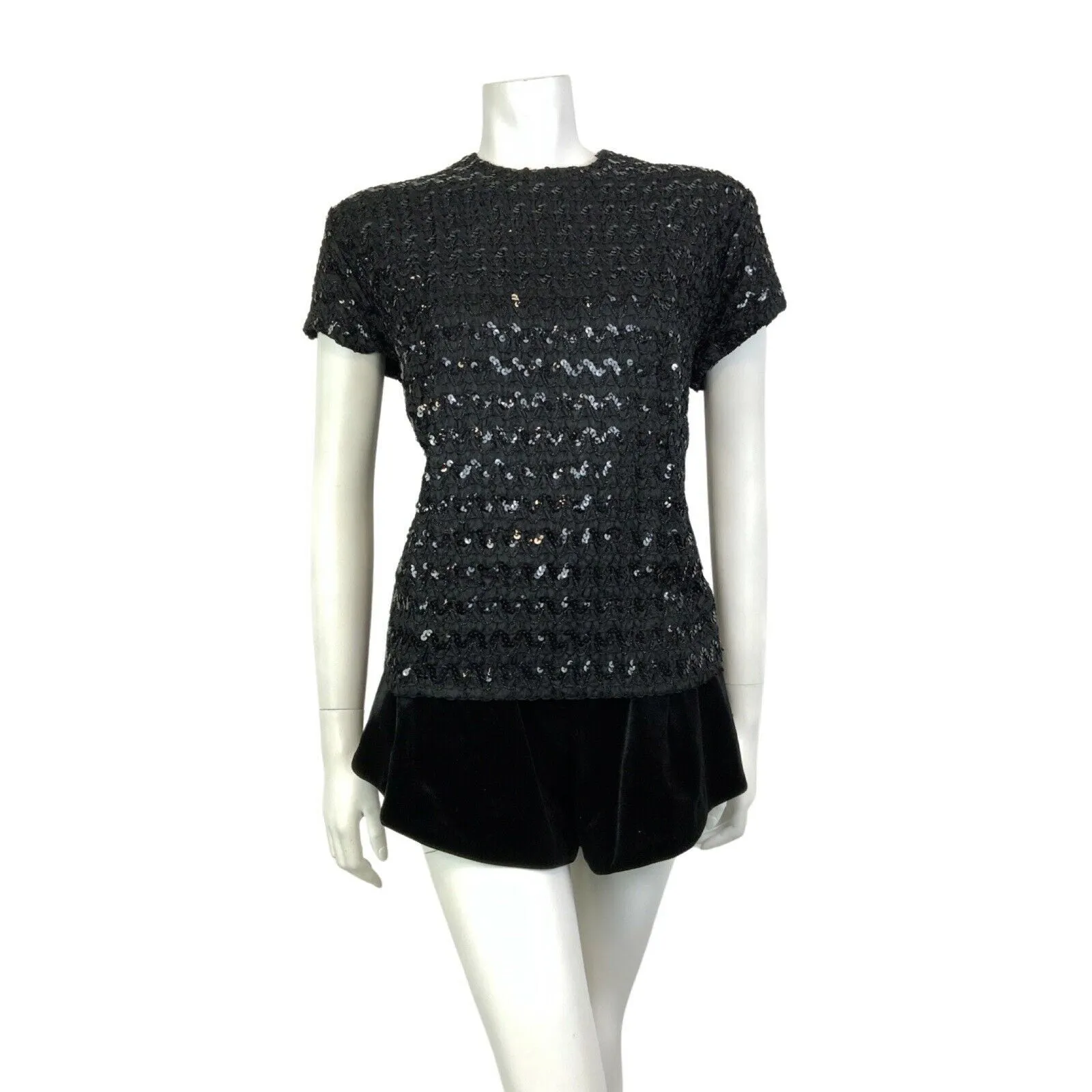 VINTAGE 60s 70s BLACK SEQUIN BRAIDED WAVY ZIG-ZAG DISCO STUDIO 54 TOP 14 16