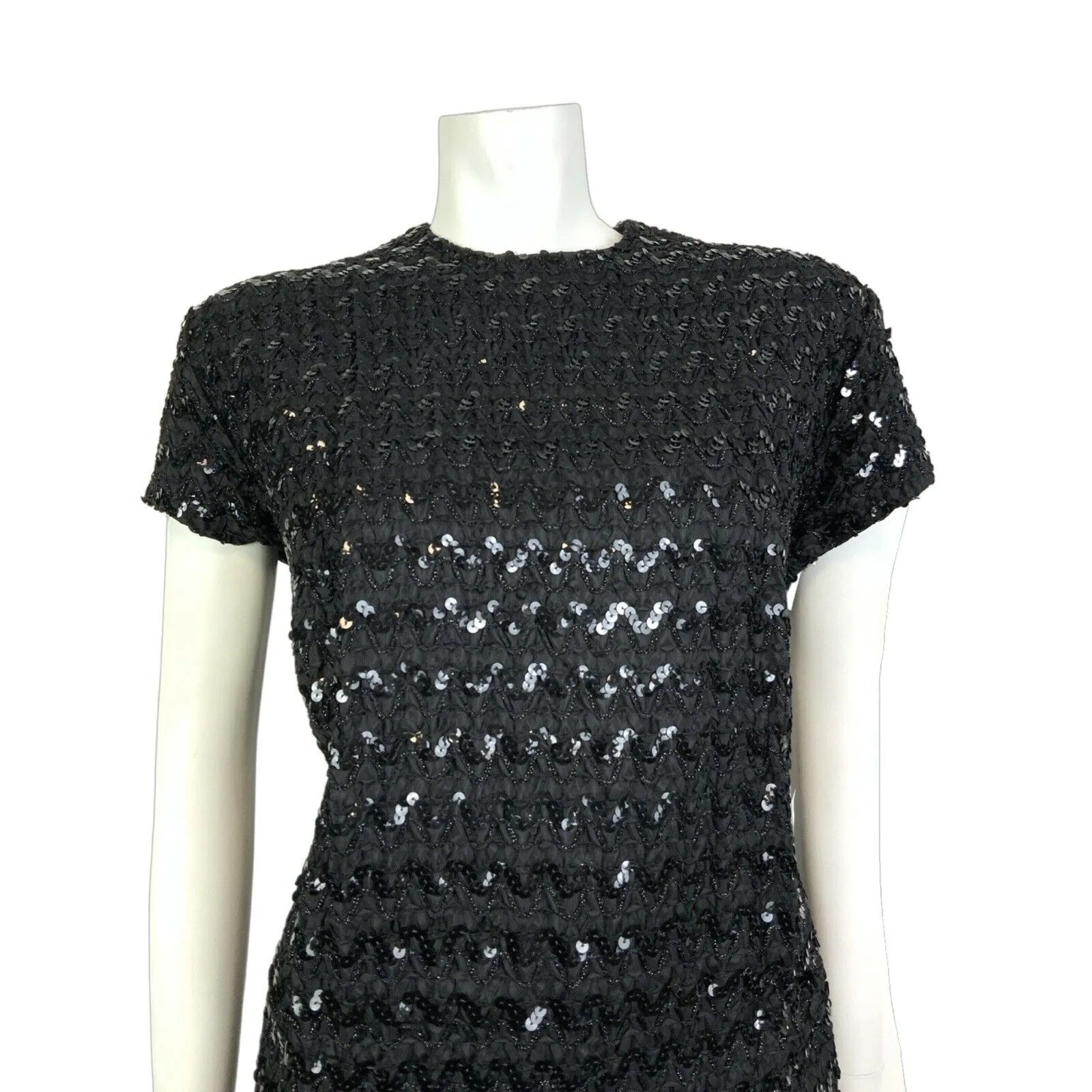 VINTAGE 60s 70s BLACK SEQUIN BRAIDED WAVY ZIG-ZAG DISCO STUDIO 54 TOP 14 16