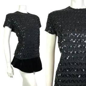 VINTAGE 60s 70s BLACK SEQUIN BRAIDED WAVY ZIG-ZAG DISCO STUDIO 54 TOP 14 16