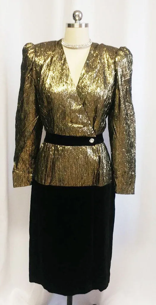 *VINTAGE '80s DESIGNER HALSTON III BLACK AND SPARKLING METALLIC GOLD LAME VELVET COCKTAIL DRESS /  EVENING DRESS