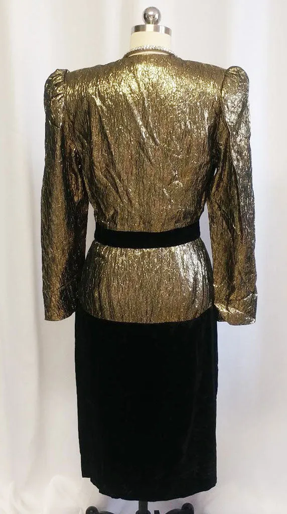 *VINTAGE '80s DESIGNER HALSTON III BLACK AND SPARKLING METALLIC GOLD LAME VELVET COCKTAIL DRESS /  EVENING DRESS