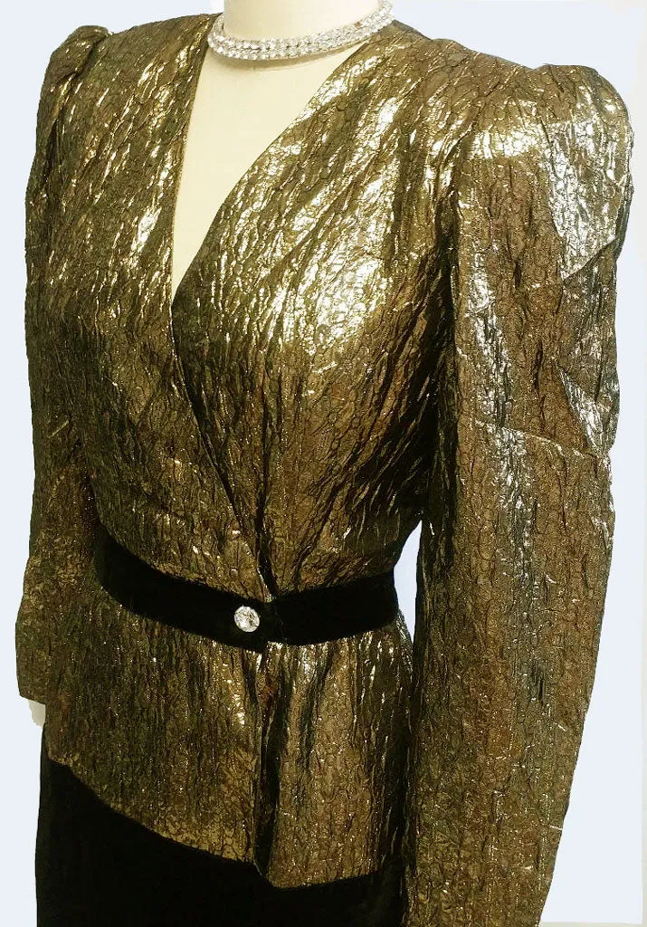 *VINTAGE '80s DESIGNER HALSTON III BLACK AND SPARKLING METALLIC GOLD LAME VELVET COCKTAIL DRESS /  EVENING DRESS