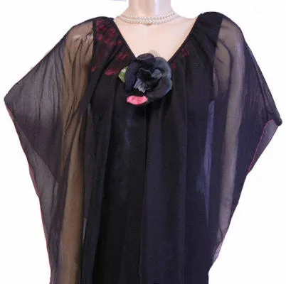 *VINTAGE BLACK EVENING DRESS ADORNED WITH LONG STEM ROSES WITH A FLOATING LAYER OF CHIFFON