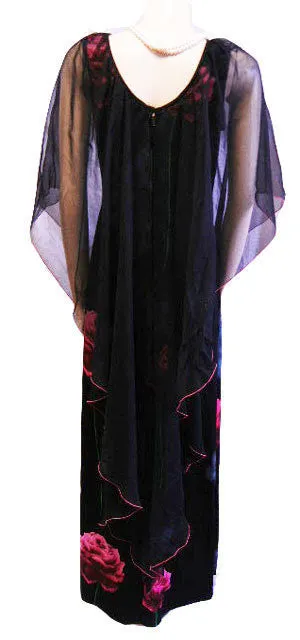 *VINTAGE BLACK EVENING DRESS ADORNED WITH LONG STEM ROSES WITH A FLOATING LAYER OF CHIFFON