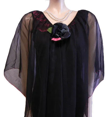 *VINTAGE BLACK EVENING DRESS ADORNED WITH LONG STEM ROSES WITH A FLOATING LAYER OF CHIFFON