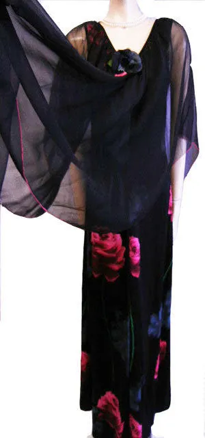 *VINTAGE BLACK EVENING DRESS ADORNED WITH LONG STEM ROSES WITH A FLOATING LAYER OF CHIFFON