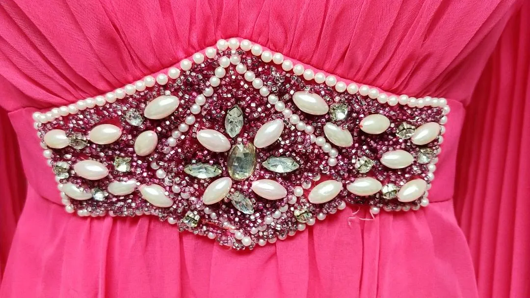 *VINTAGE HOT PINK BEADED, RHINESTONE & PEARL COCKTAIL DRESS WITH HUGE PLEATED SLEEVES