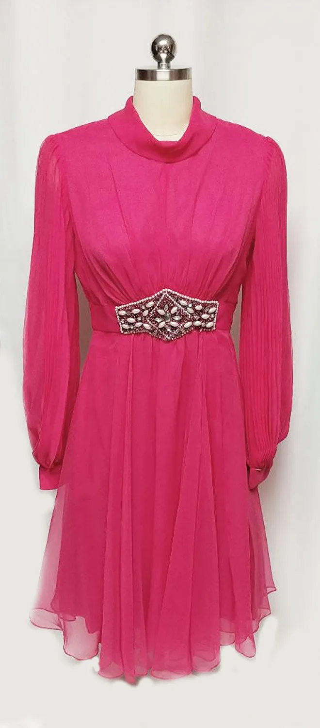 *VINTAGE HOT PINK BEADED, RHINESTONE & PEARL COCKTAIL DRESS WITH HUGE PLEATED SLEEVES