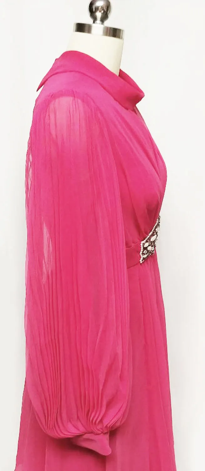 *VINTAGE HOT PINK BEADED, RHINESTONE & PEARL COCKTAIL DRESS WITH HUGE PLEATED SLEEVES