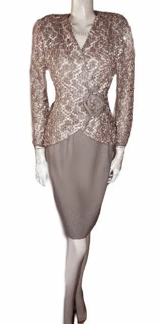 *VINTAGE J. BENJAMIN SPARKLING SEQUIN COCKTAIL OUTFIT WITH HUGE FABRIC ROSE IN KAHLUA