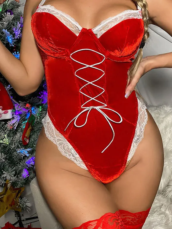 Women's Christmas Sexy Red Lace Up Front Bodysuit With White Lace Trim