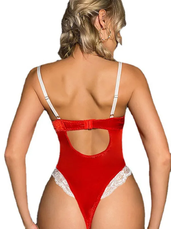 Women's Christmas Sexy Red Lace Up Front Bodysuit With White Lace Trim