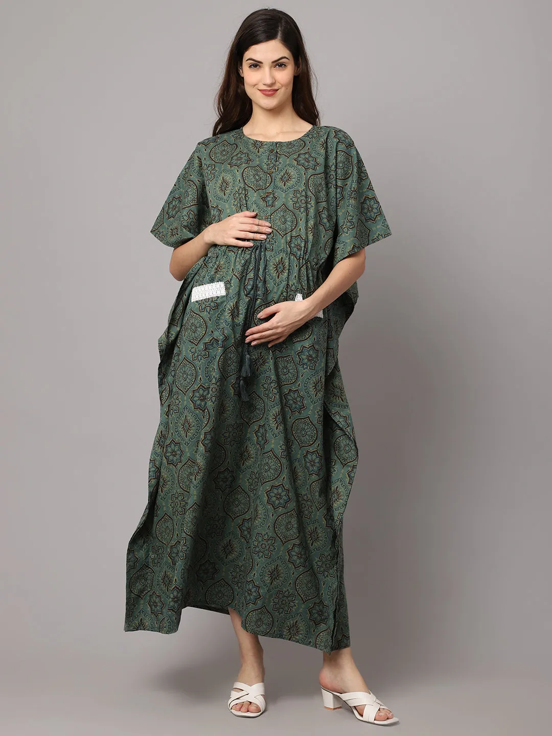 Women's Cotton Geometric Print Maternity Kaftan With Pocket And Feeding