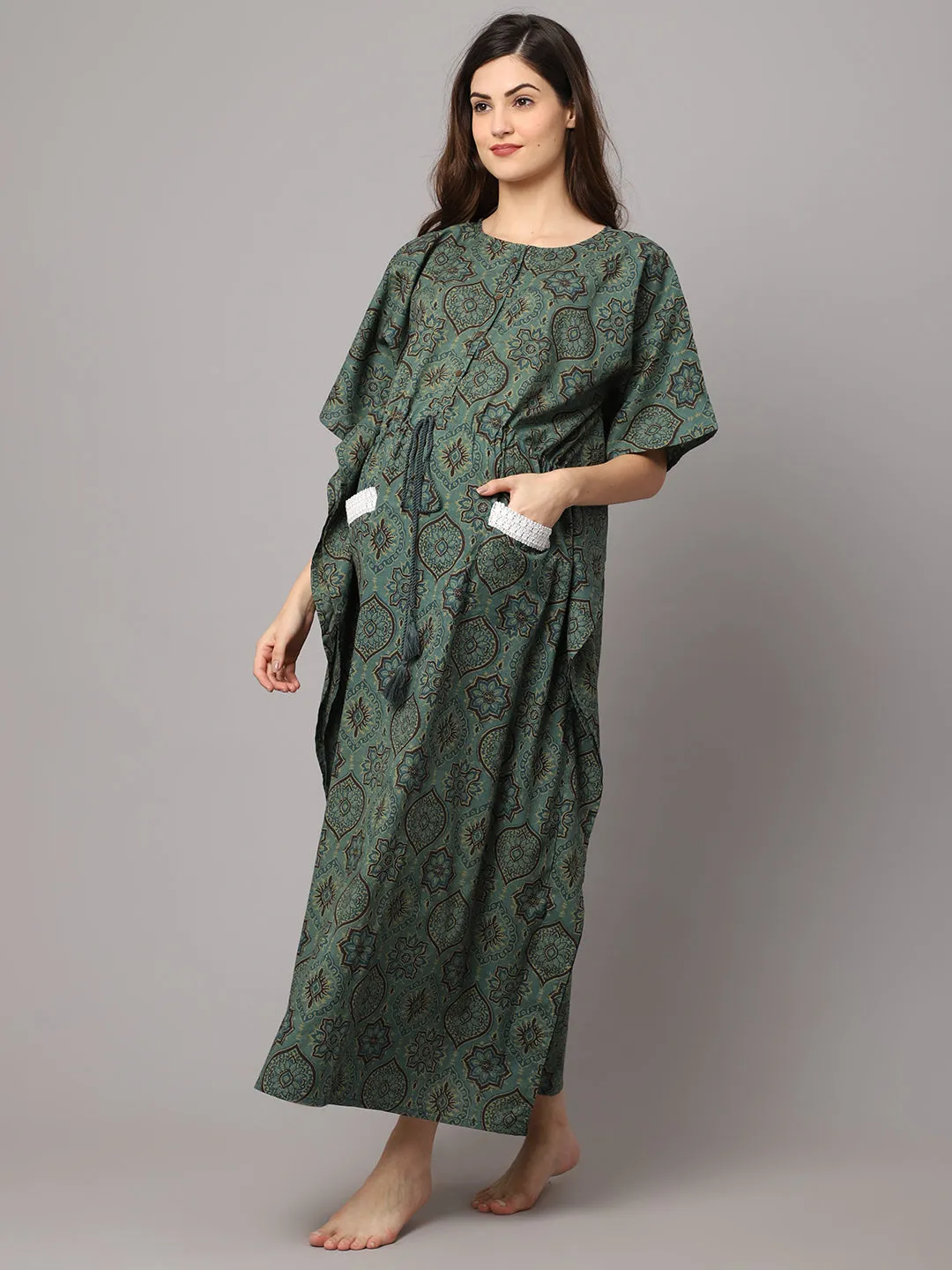 Women's Cotton Geometric Print Maternity Kaftan With Pocket And Feeding