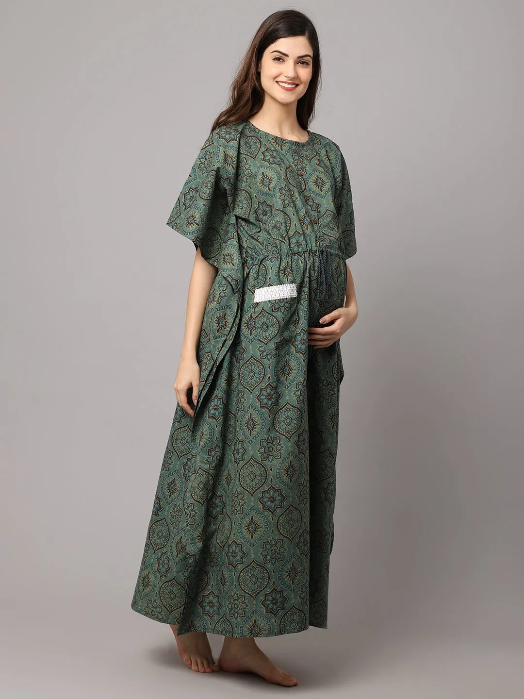 Women's Cotton Geometric Print Maternity Kaftan With Pocket And Feeding