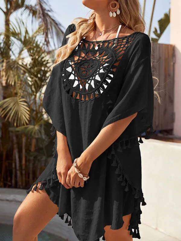 Women's Hollow Loose Fitting Beach Cover Up With Tassels