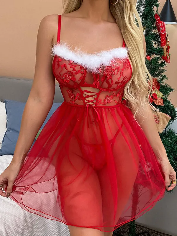 Women's Sexy Christmas Red Lace Babydoll With Fur Trim